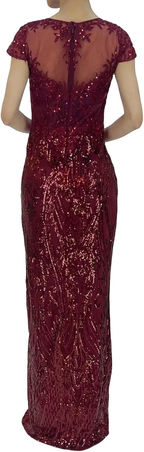 Women's Short Sleeve Sequin Slit Embroidered Lace Applique Sparkly Glitter A Line Party Club Long Evening Gown Dress