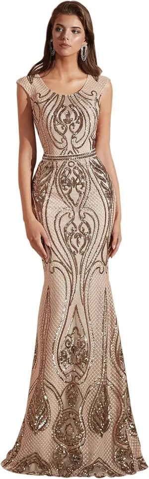 Women's Short Sleeves Sequins A-Line Formal Evening Dress