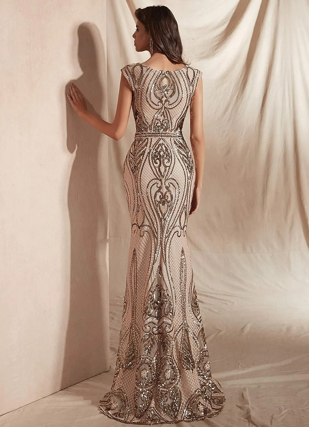 Women's Short Sleeves Sequins A-Line Formal Evening Dress