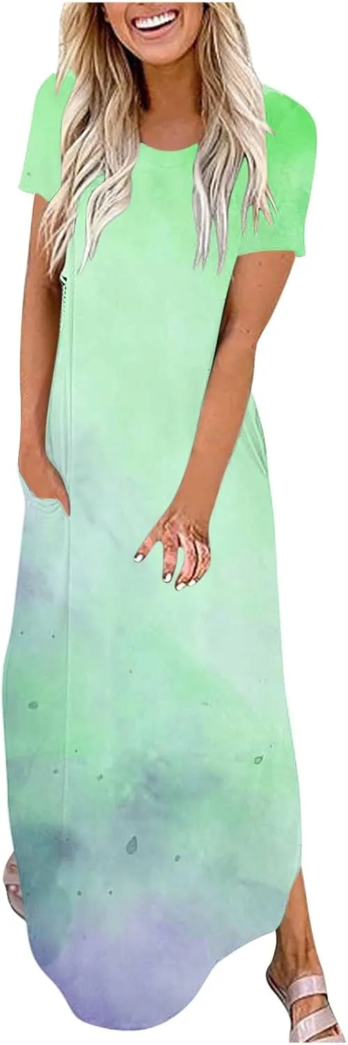 Women's Summer Maxi Dress Wrap V Neck Elegant Long Dress Spaghetti Straps Waist Tie High Split with Heels