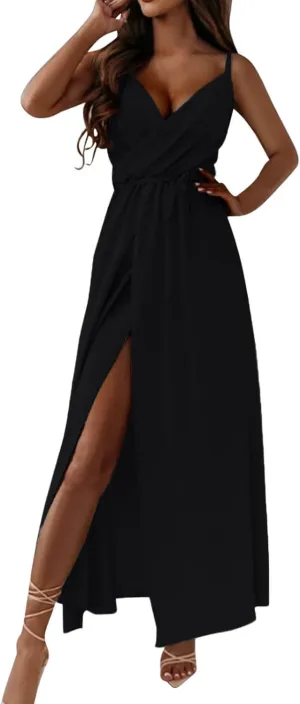 Women's Summer Maxi Dress Wrap V Neck Elegant Long Dress Spaghetti Straps Waist Tie High Split with Heels