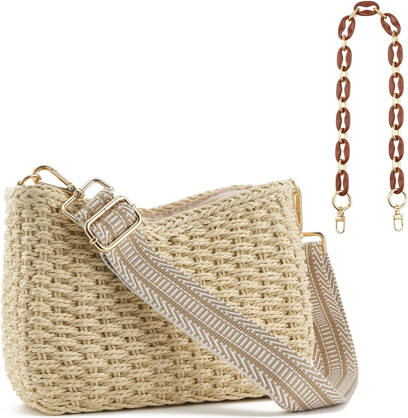 Women's Summer Straw Braided Crossbody Bag with Tassel Chain,Shoulder Straps Woven Beach Handbag Handmade Wallet Purse