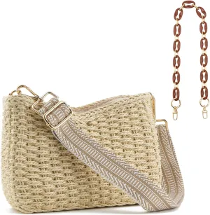 Women's Summer Straw Braided Crossbody Bag with Tassel Chain,Shoulder Straps Woven Beach Handbag Handmade Wallet Purse