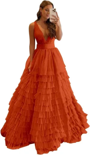 Women's Tiered Tulle Prom Dresses Long Ruffles Ball Gown V Neck A-Line Layered Formal Evening Party Gowns