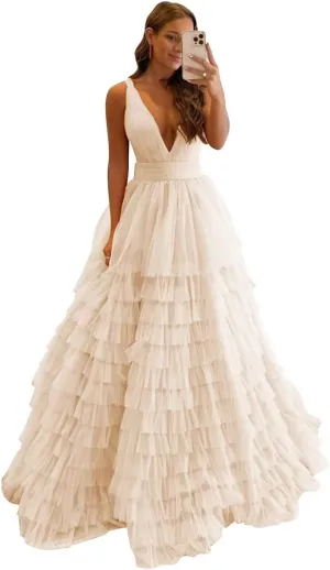 Women's Tiered Tulle Prom Dresses Long Ruffles Ball Gown V Neck A-Line Layered Formal Evening Party Gowns