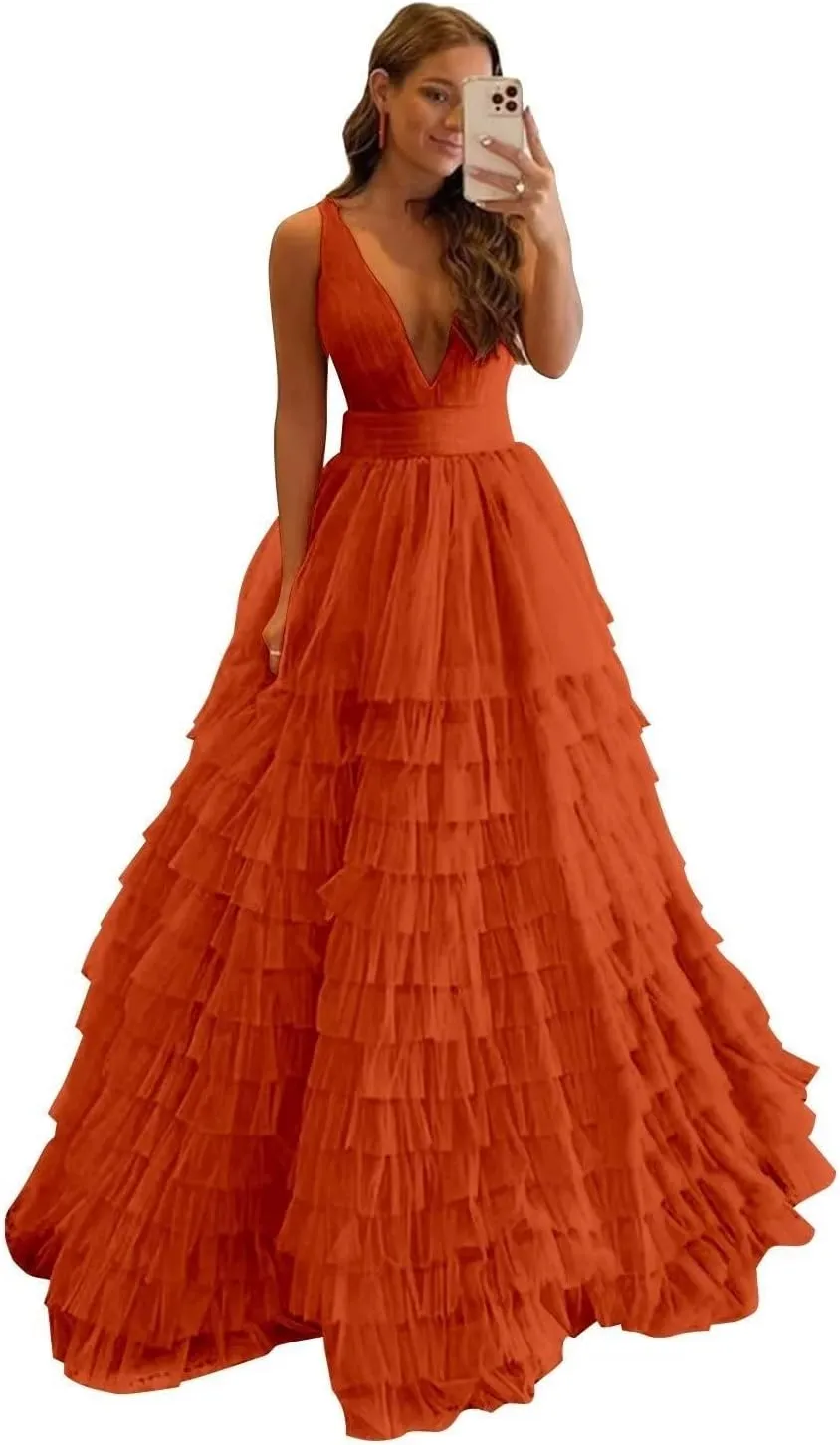Women's Tiered Tulle Prom Dresses Long Ruffles Ball Gown V Neck A-Line Layered Formal Evening Party Gowns
