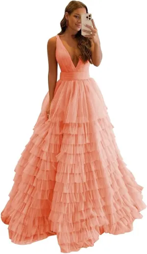 Women's Tiered Tulle Prom Dresses Long Ruffles Ball Gown V Neck A-Line Layered Formal Evening Party Gowns