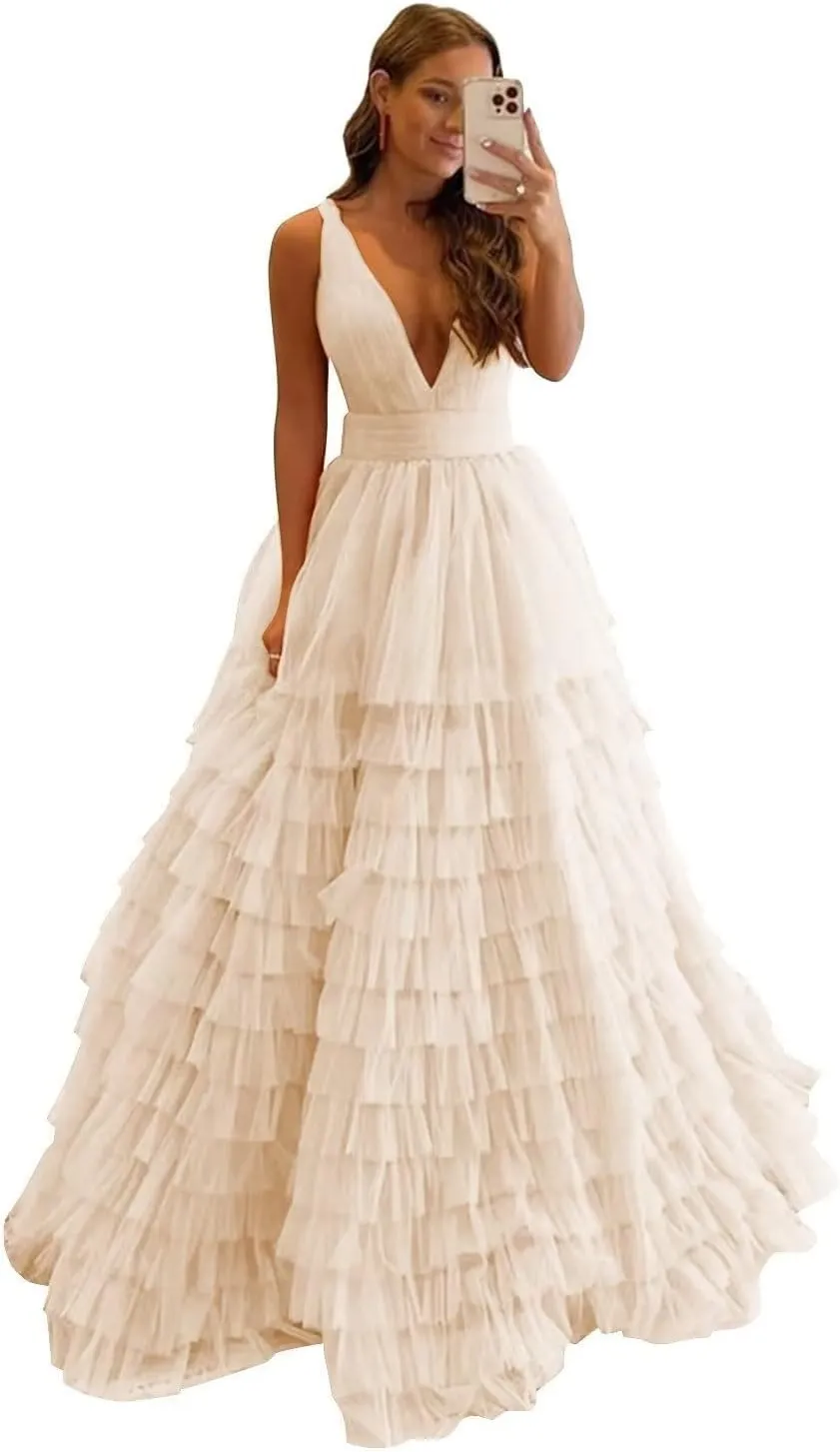 Women's Tiered Tulle Prom Dresses Long Ruffles Ball Gown V Neck A-Line Layered Formal Evening Party Gowns