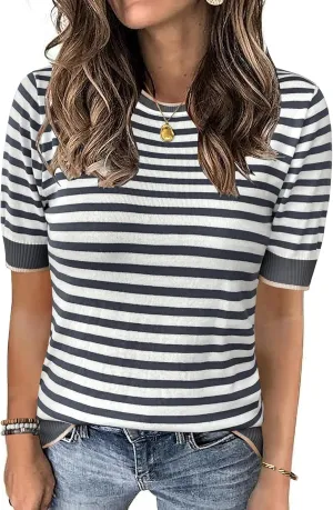 Womens Tops Summer Short Sleeve Shirts Striped Sweater Cute Casual Top Trendy Women Clothing Crewneck Knit Blouses