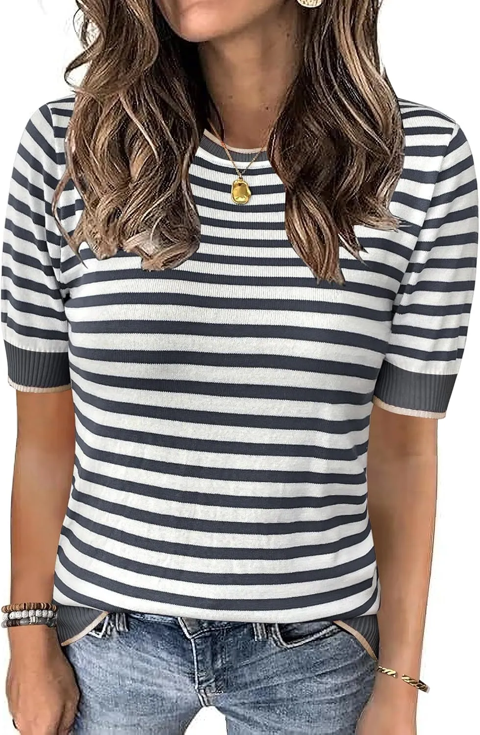 Womens Tops Summer Short Sleeve Shirts Striped Sweater Cute Casual Top Trendy Women Clothing Crewneck Knit Blouses