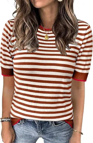 Womens Tops Summer Short Sleeve Shirts Striped Sweater Cute Casual Top Trendy Women Clothing Crewneck Knit Blouses