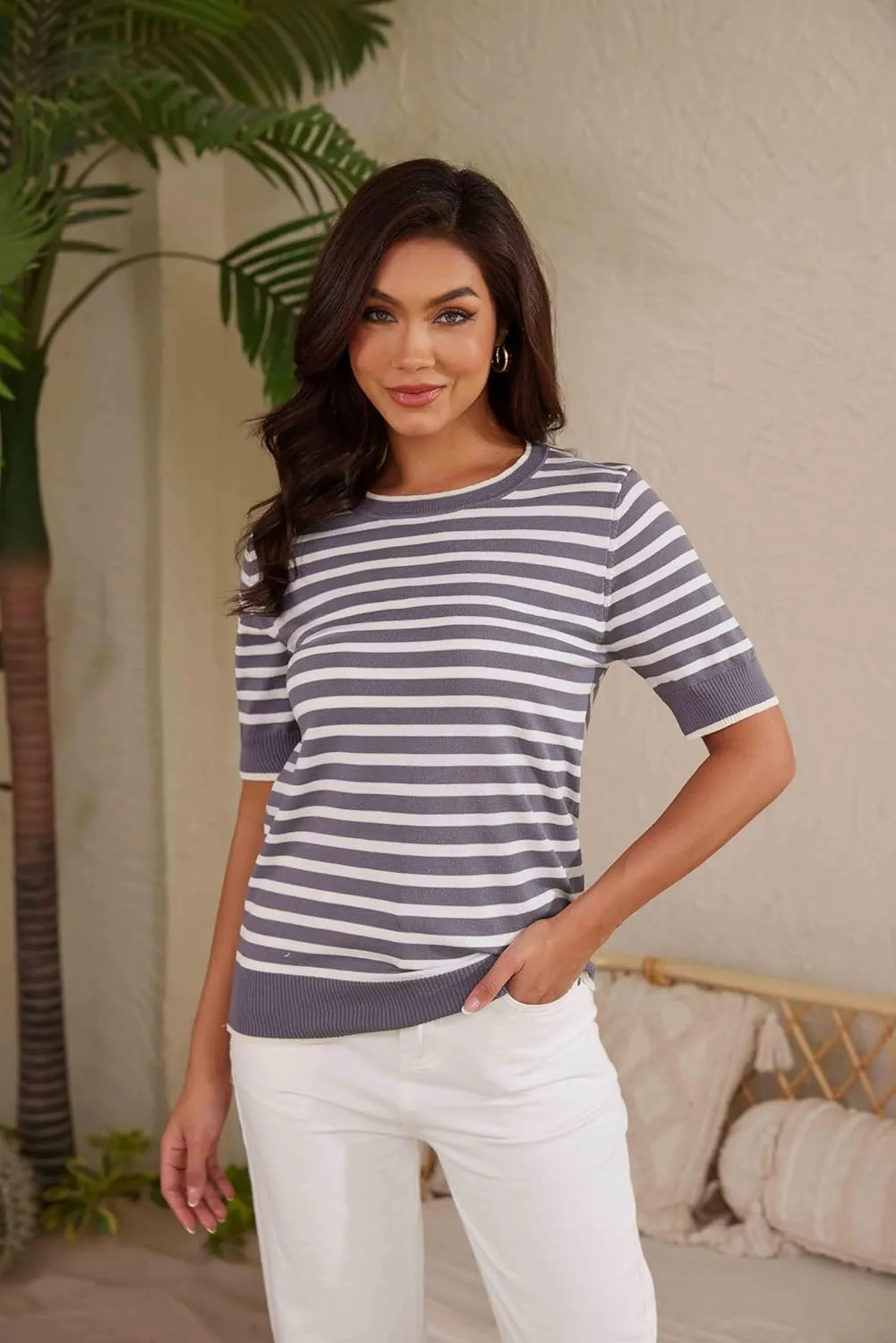 Womens Tops Summer Short Sleeve Shirts Striped Sweater Cute Casual Top Trendy Women Clothing Crewneck Knit Blouses