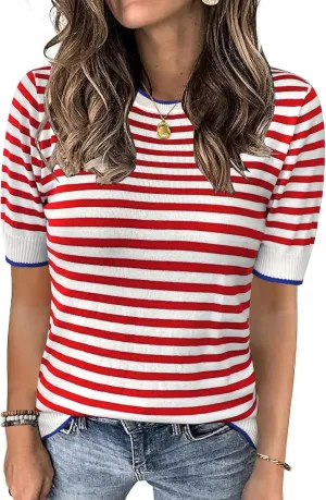 Womens Tops Summer Short Sleeve Shirts Striped Sweater Cute Casual Top Trendy Women Clothing Crewneck Knit Blouses