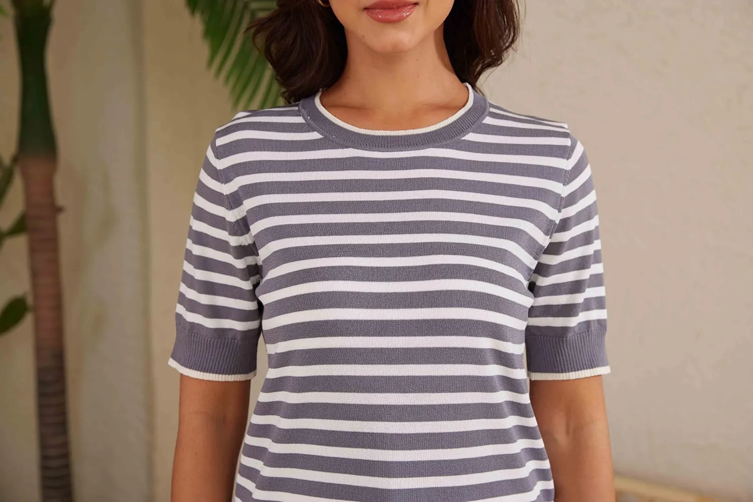 Womens Tops Summer Short Sleeve Shirts Striped Sweater Cute Casual Top Trendy Women Clothing Crewneck Knit Blouses