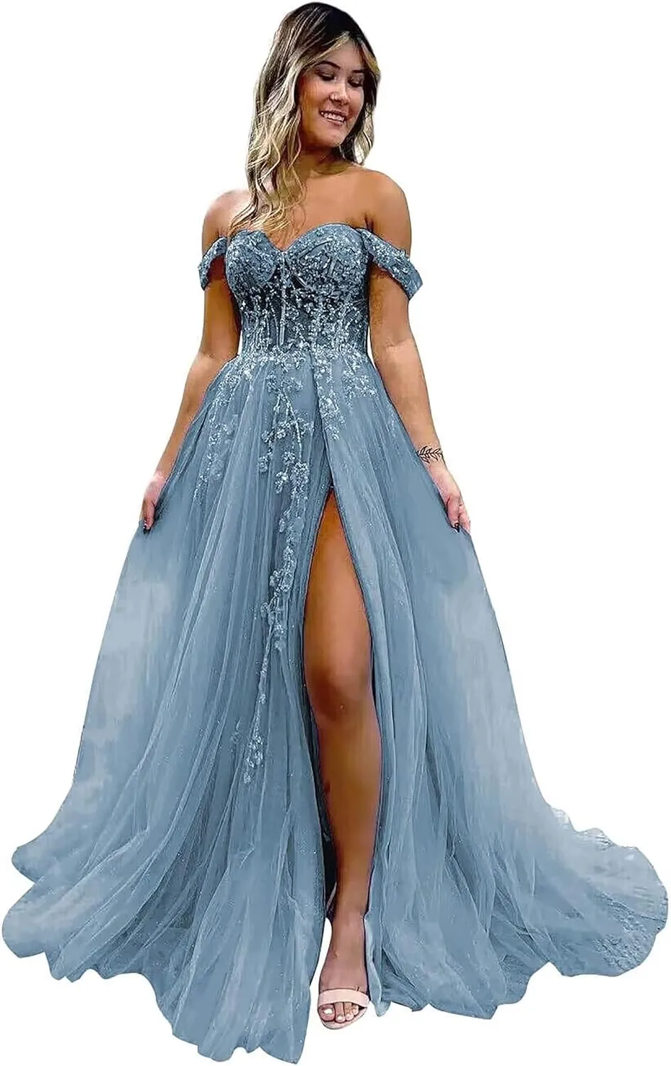 Women's Tulle Prom Dresses Lace Appliques Long Ball Gowns Strapless High Split Evening Dresses 2025