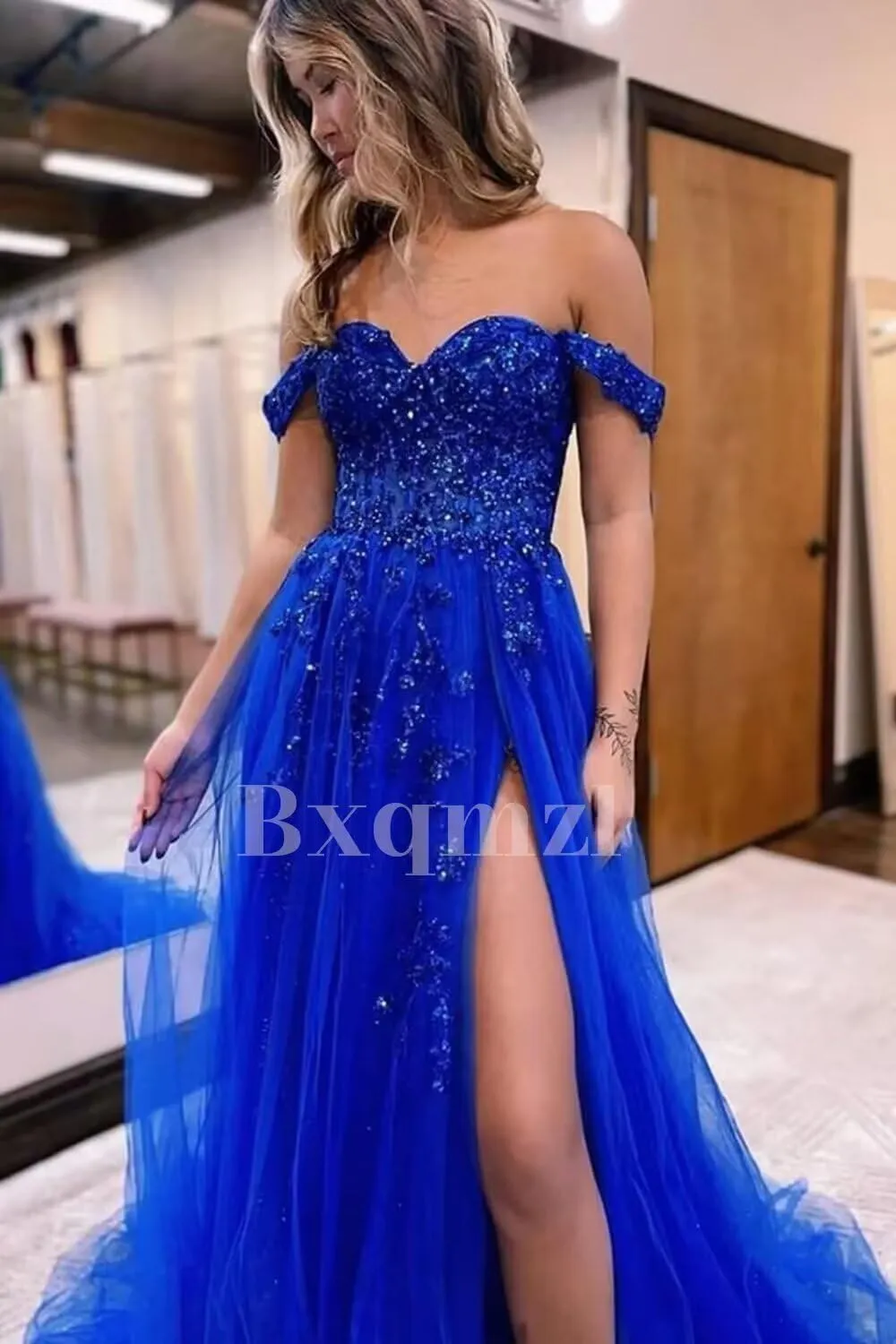 Women's Tulle Prom Dresses Lace Appliques Long Ball Gowns Strapless High Split Evening Dresses 2025