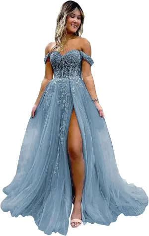 Women's Tulle Prom Dresses Lace Appliques Long Ball Gowns Strapless High Split Evening Dresses 2025