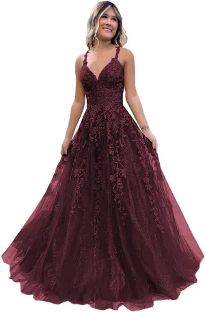 Women's Tulle Prom Dresses Long V Neck Spaghetti Straps Lace Appliques Glitter Formal Evening Party Gowns