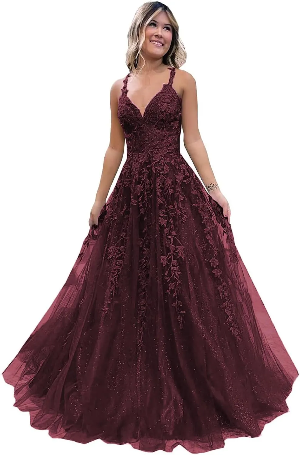 Women's Tulle Prom Dresses Long V Neck Spaghetti Straps Lace Appliques Glitter Formal Evening Party Gowns