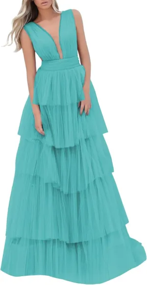 Women's Tulle Prom Dresses V Neck Ruffled Formal Evening Party Gowns Long Backless Ball Gowns A-Line