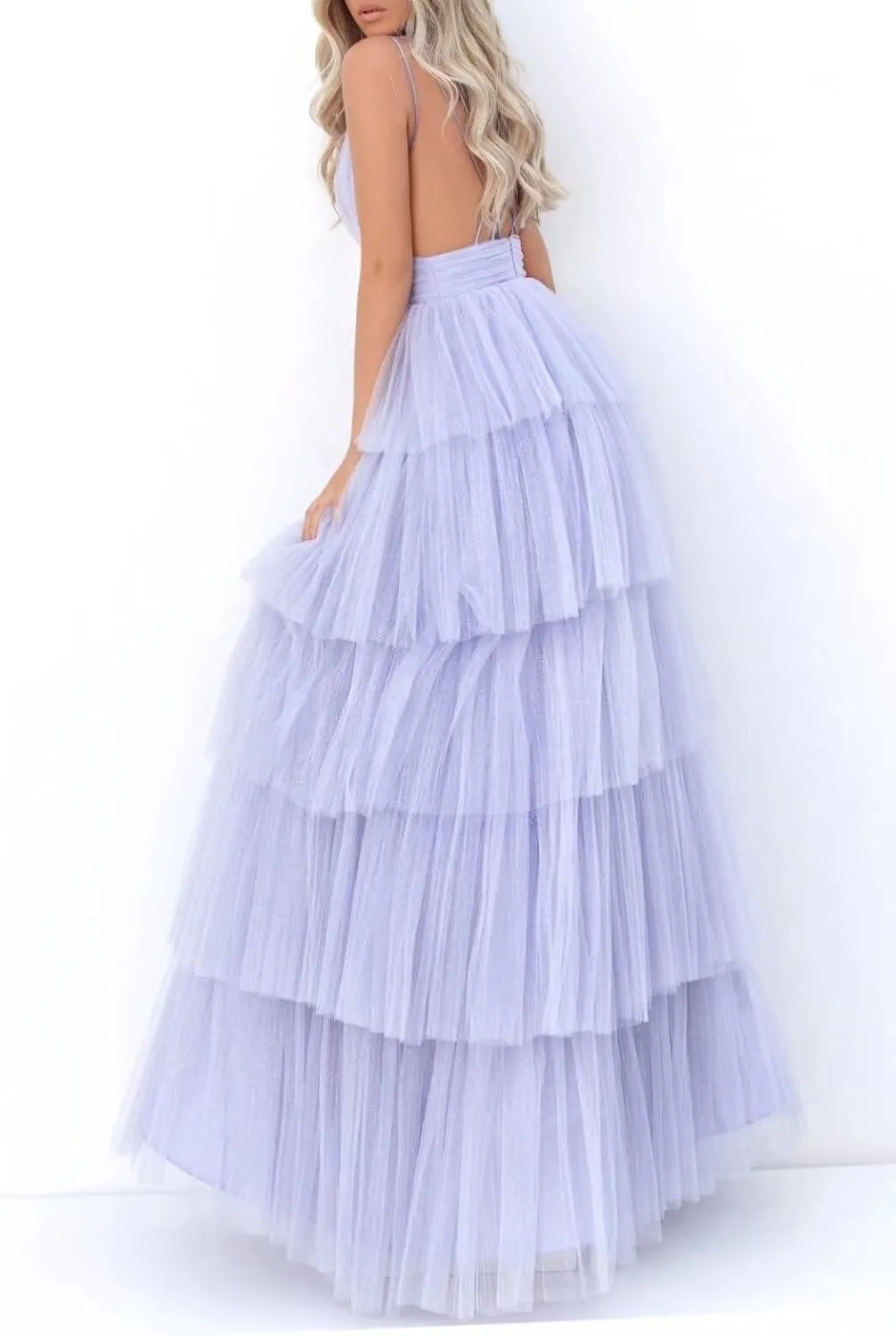 Women's Tulle Prom Dresses V Neck Ruffled Formal Evening Party Gowns Long Backless Ball Gowns A-Line