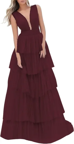 Women's Tulle Prom Dresses V Neck Ruffled Formal Evening Party Gowns Long Backless Ball Gowns A-Line