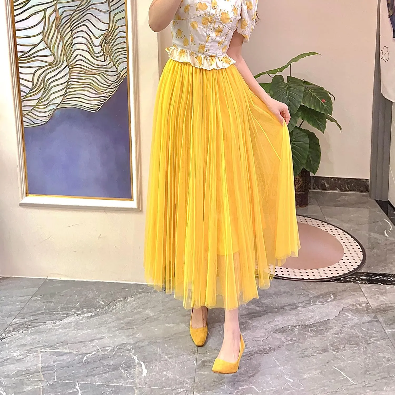 Women’s Tulle Skirts Midi Elastic High Waist Pleated Mesh Flowy A-Line Party Long Tutu Skirts…