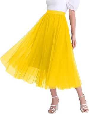Women’s Tulle Skirts Midi Elastic High Waist Pleated Mesh Flowy A-Line Party Long Tutu Skirts…