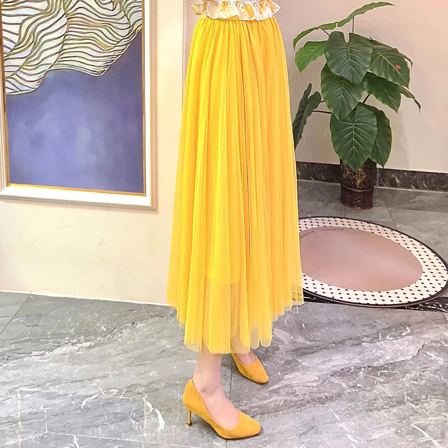 Women’s Tulle Skirts Midi Elastic High Waist Pleated Mesh Flowy A-Line Party Long Tutu Skirts…