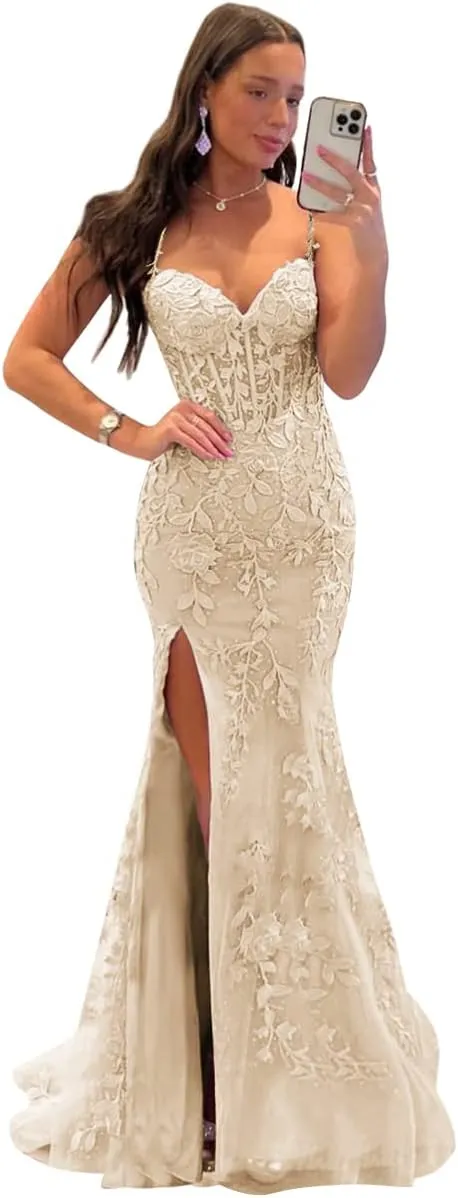 Women's V Neck Lace Appliques Tulle Long Prom Dresses with Slit Spaghetti Straps Corset Formal Evening Dress