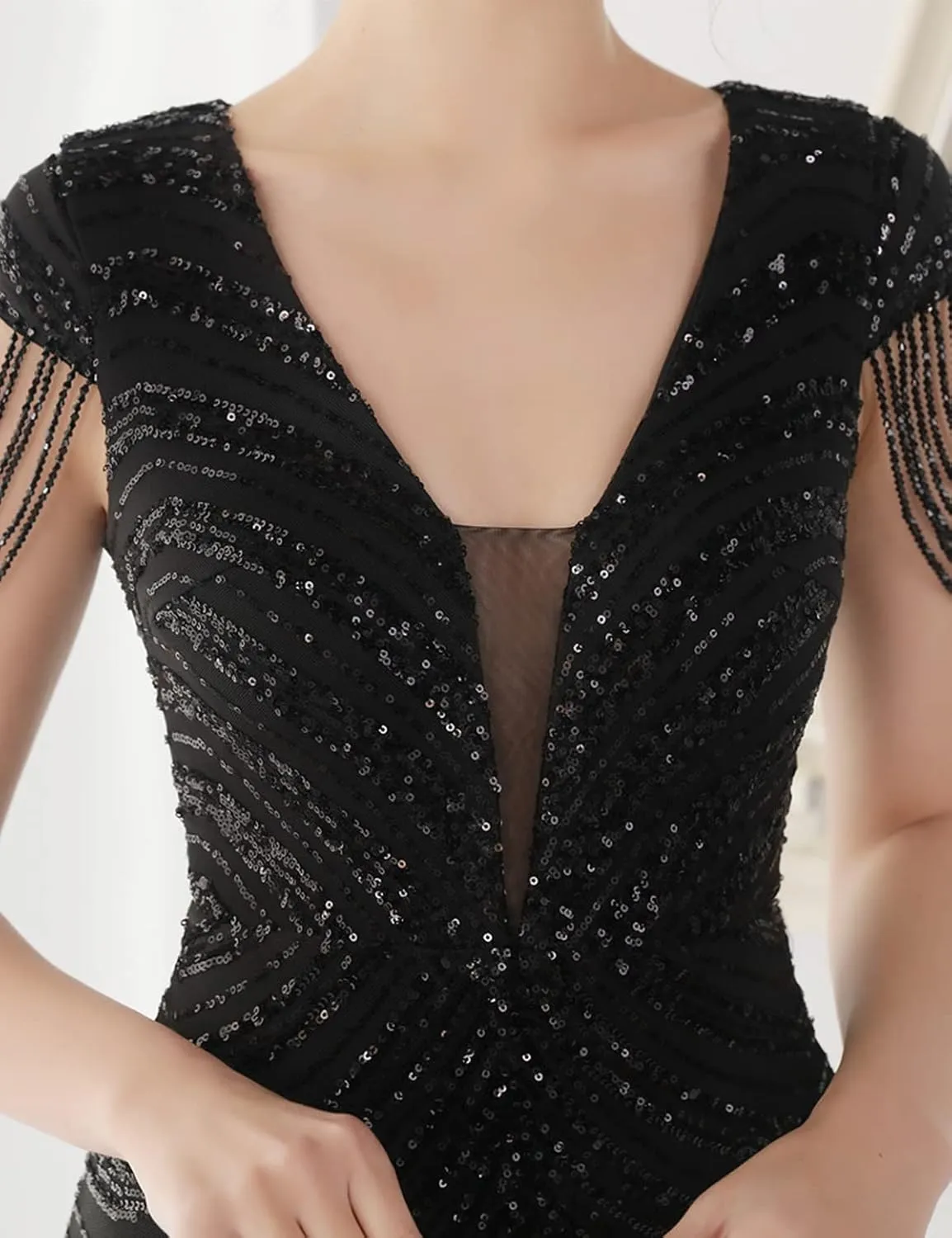 Women's V Neck Sequin Formal Evening Dress Tassel Bead Sleeve Mermaid Long Gown 1920S Party Maxi Military Dress