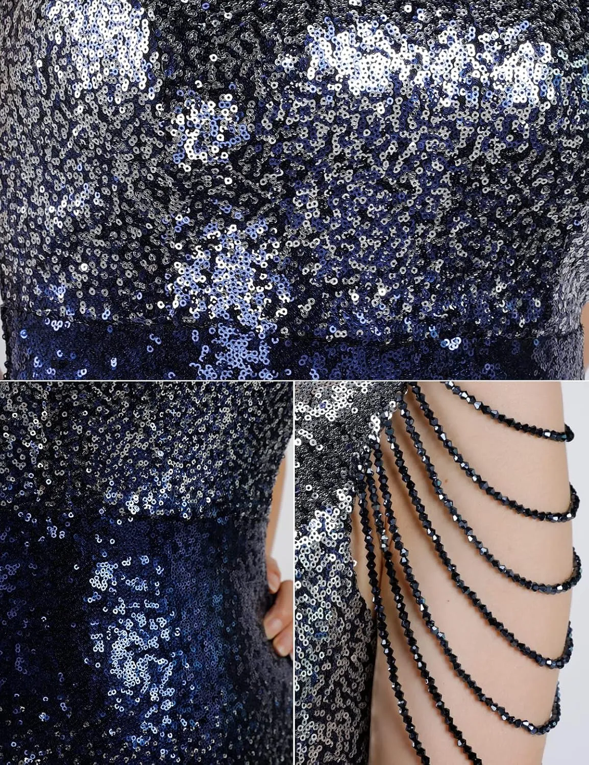Women's V Neck Sequin Formal Evening Dress Tassel Bead Sleeve Mermaid Long Gown 1920S Party Maxi Military Dress