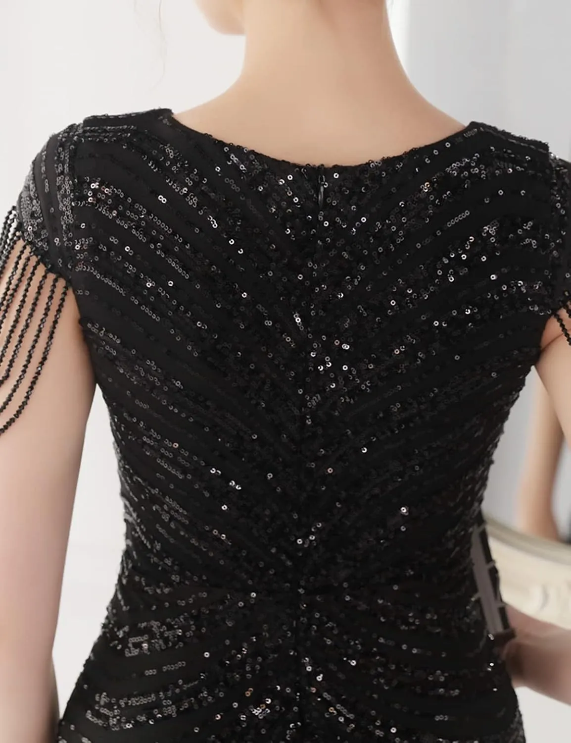 Women's V Neck Sequin Formal Evening Dress Tassel Bead Sleeve Mermaid Long Gown 1920S Party Maxi Military Dress