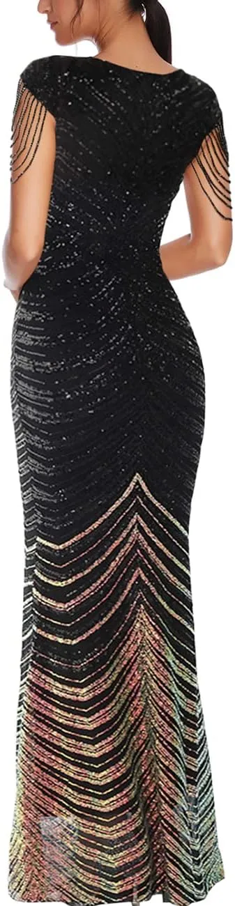 Women's V Neck Sequin Formal Evening Dress Tassel Bead Sleeve Mermaid Long Gown 1920S Party Maxi Military Dress