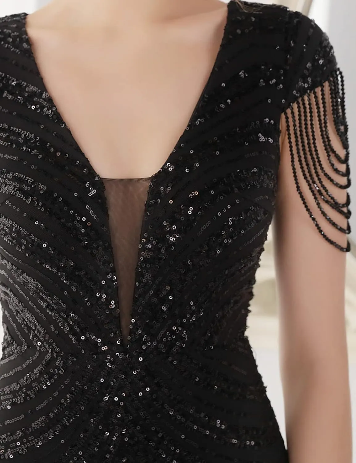 Women's V Neck Sequin Formal Evening Dress Tassel Bead Sleeve Mermaid Long Gown 1920S Party Maxi Military Dress