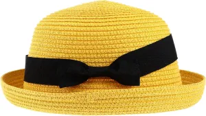 Womens Wide Straw Panama Hat Bowknot Roll- up Dome Straw Sun Hat Fashion Bowler Hat Summer Hat Beach Hat for Women (Yellow)