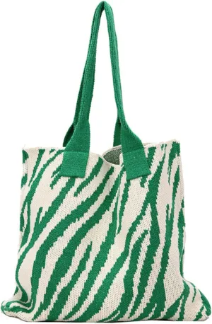 Women's Zebra-Stripe Knitted Tote Bag, Large Capacity Shoulder Bag, Trendy Zebra Print Woven Handbag