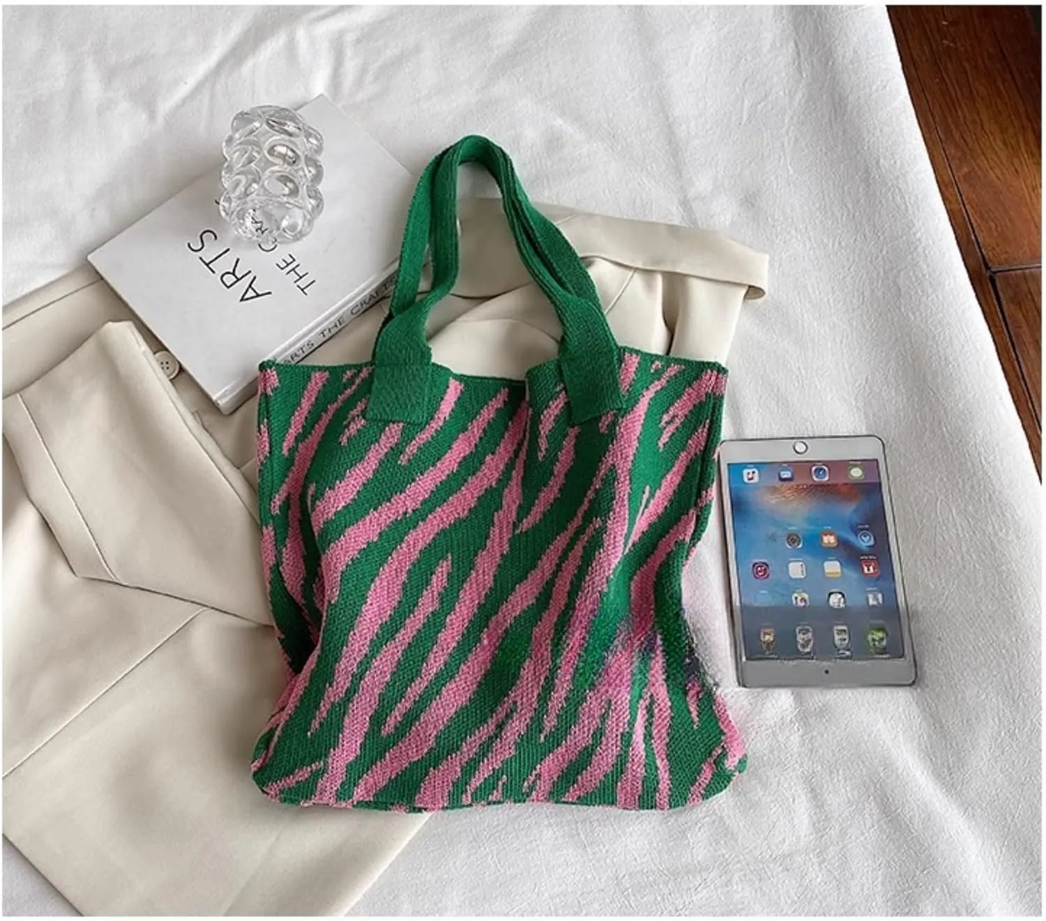 Women's Zebra-Stripe Knitted Tote Bag, Large Capacity Shoulder Bag, Trendy Zebra Print Woven Handbag