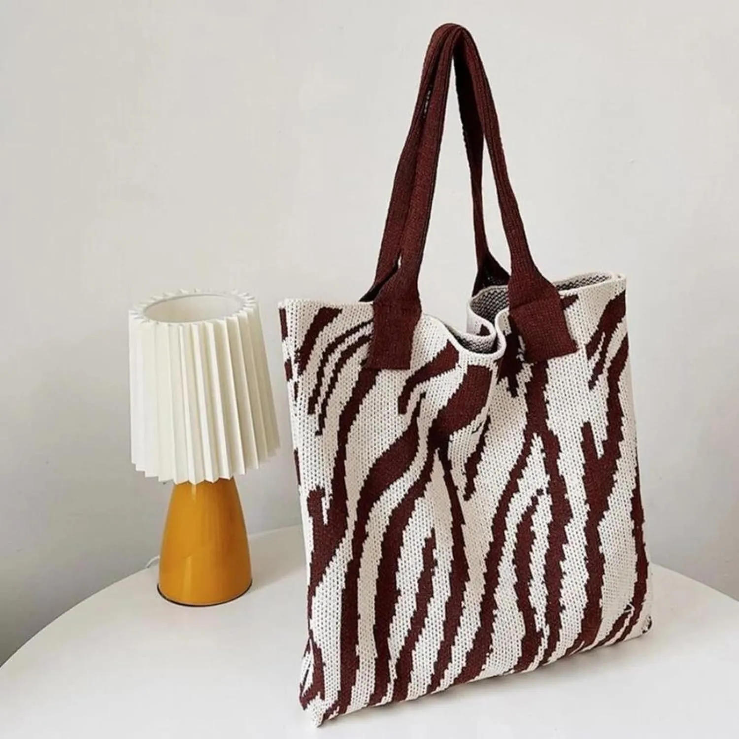 Women's Zebra-Stripe Knitted Tote Bag, Large Capacity Shoulder Bag, Trendy Zebra Print Woven Handbag