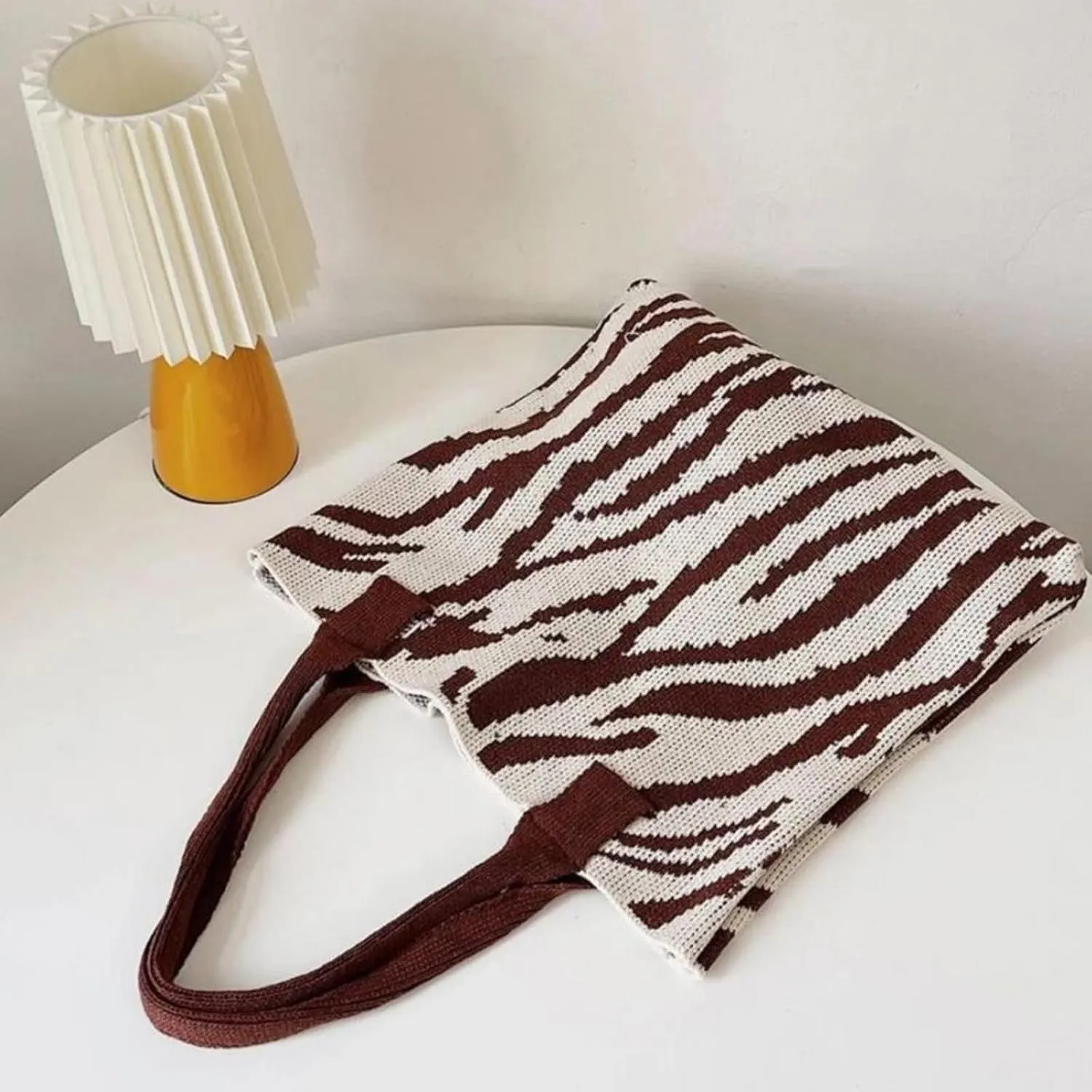 Women's Zebra-Stripe Knitted Tote Bag, Large Capacity Shoulder Bag, Trendy Zebra Print Woven Handbag