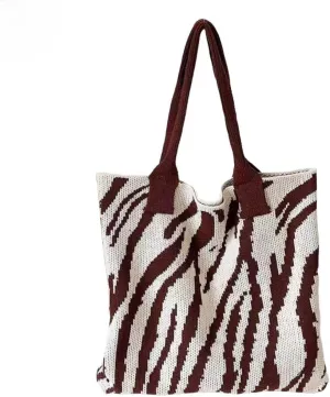 Women's Zebra-Stripe Knitted Tote Bag, Large Capacity Shoulder Bag, Trendy Zebra Print Woven Handbag