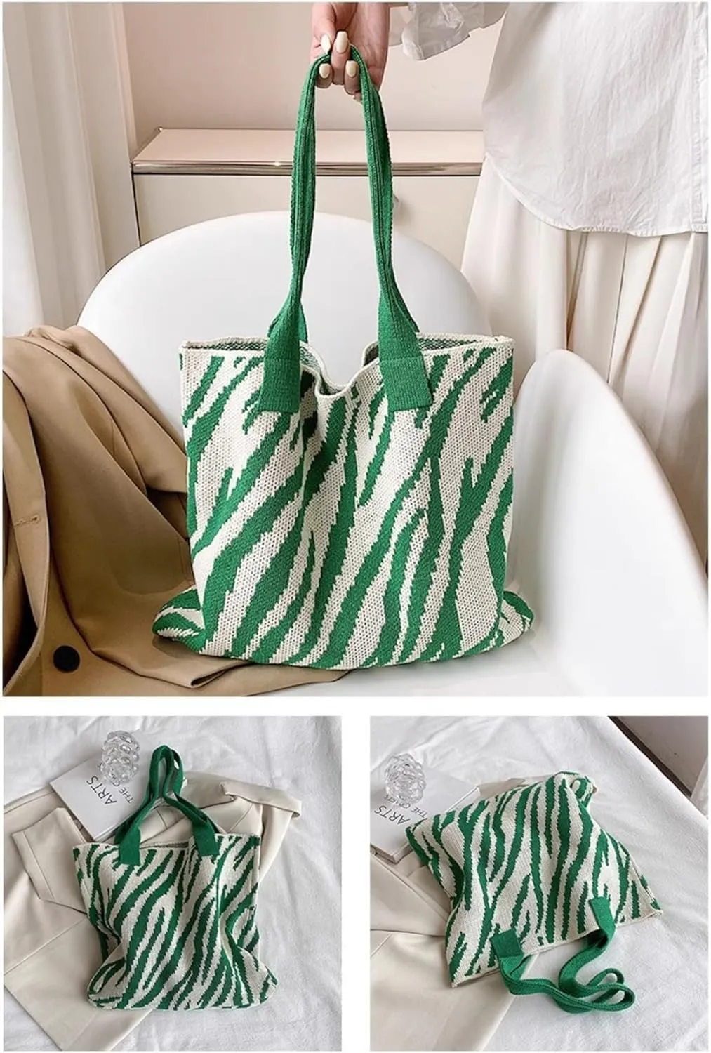 Women's Zebra-Stripe Knitted Tote Bag, Large Capacity Shoulder Bag, Trendy Zebra Print Woven Handbag