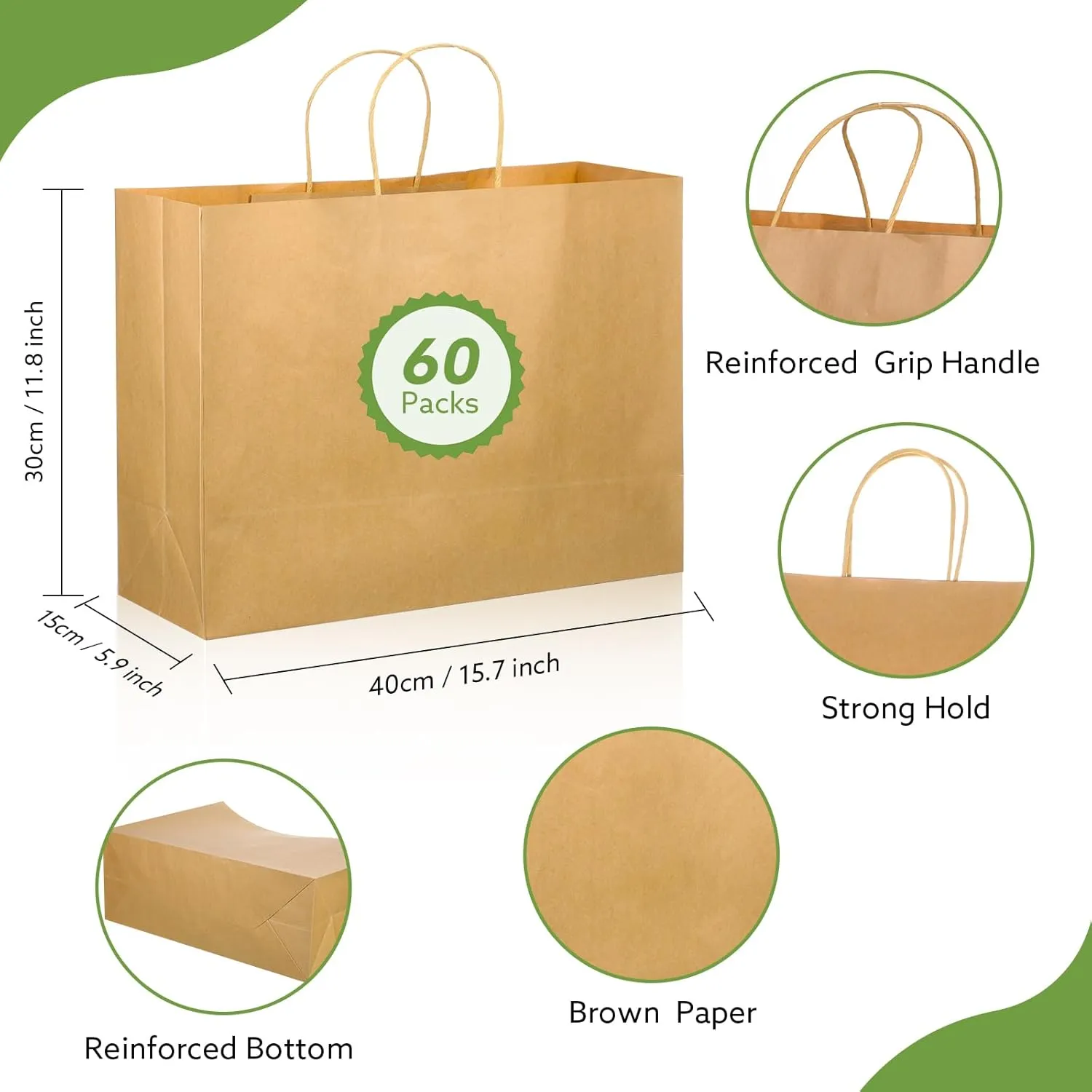 Woric 60 PCS Brown Paper Bags with Handles, 16 x 6 x 12 inch Large Gift Bags, Multi-Purpose, Solid Brown, Uncoated Paper, 60 Count