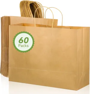 Woric 60 PCS Brown Paper Bags with Handles, 16 x 6 x 12 inch Large Gift Bags, Multi-Purpose, Solid Brown, Uncoated Paper, 60 Count