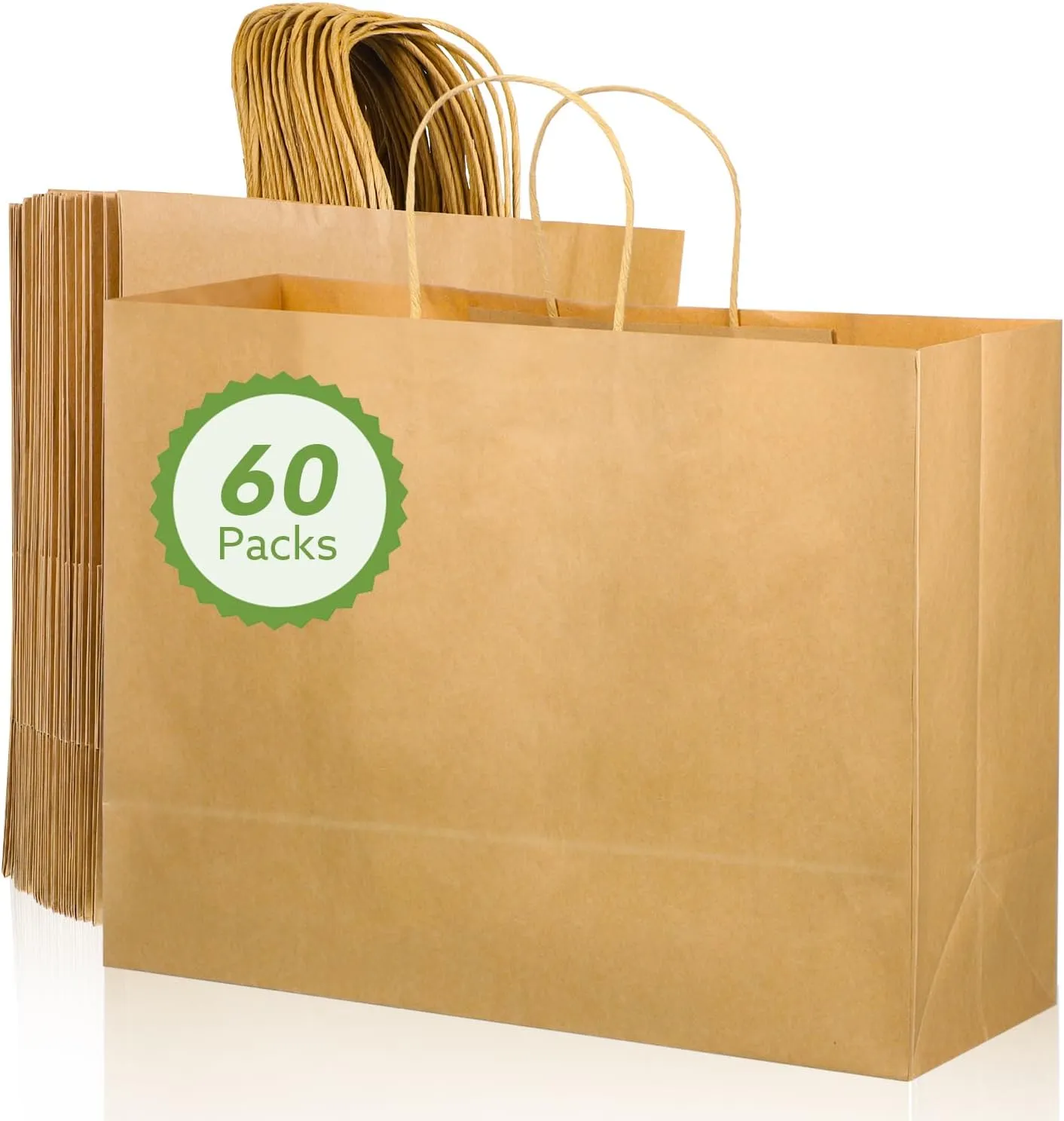 Woric 60 PCS Brown Paper Bags with Handles, 16 x 6 x 12 inch Large Gift Bags, Multi-Purpose, Solid Brown, Uncoated Paper, 60 Count