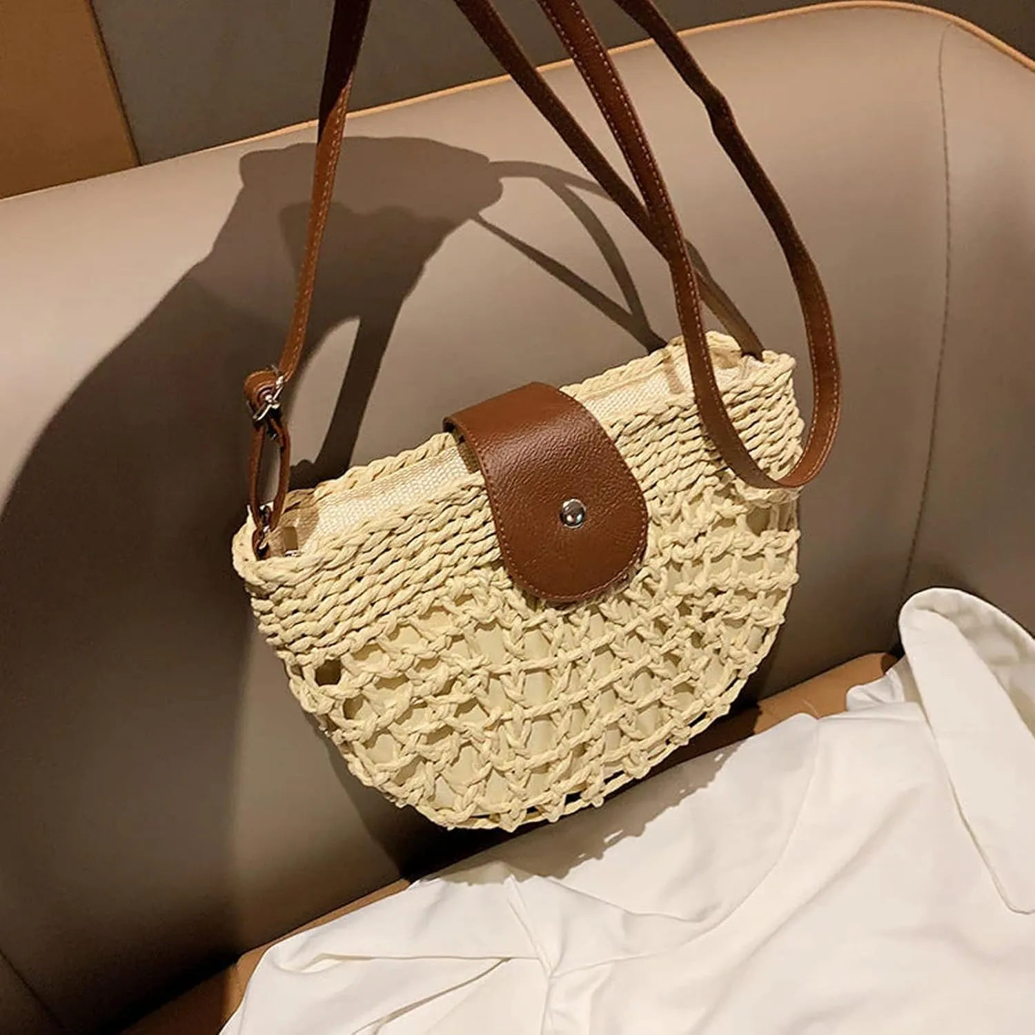 Woven Hollow-Out Crossbody Bag, Fashionable Women's Straw Crossbody Bag, Chic And Elegant Summer Beach Vacation Shoulder Bag