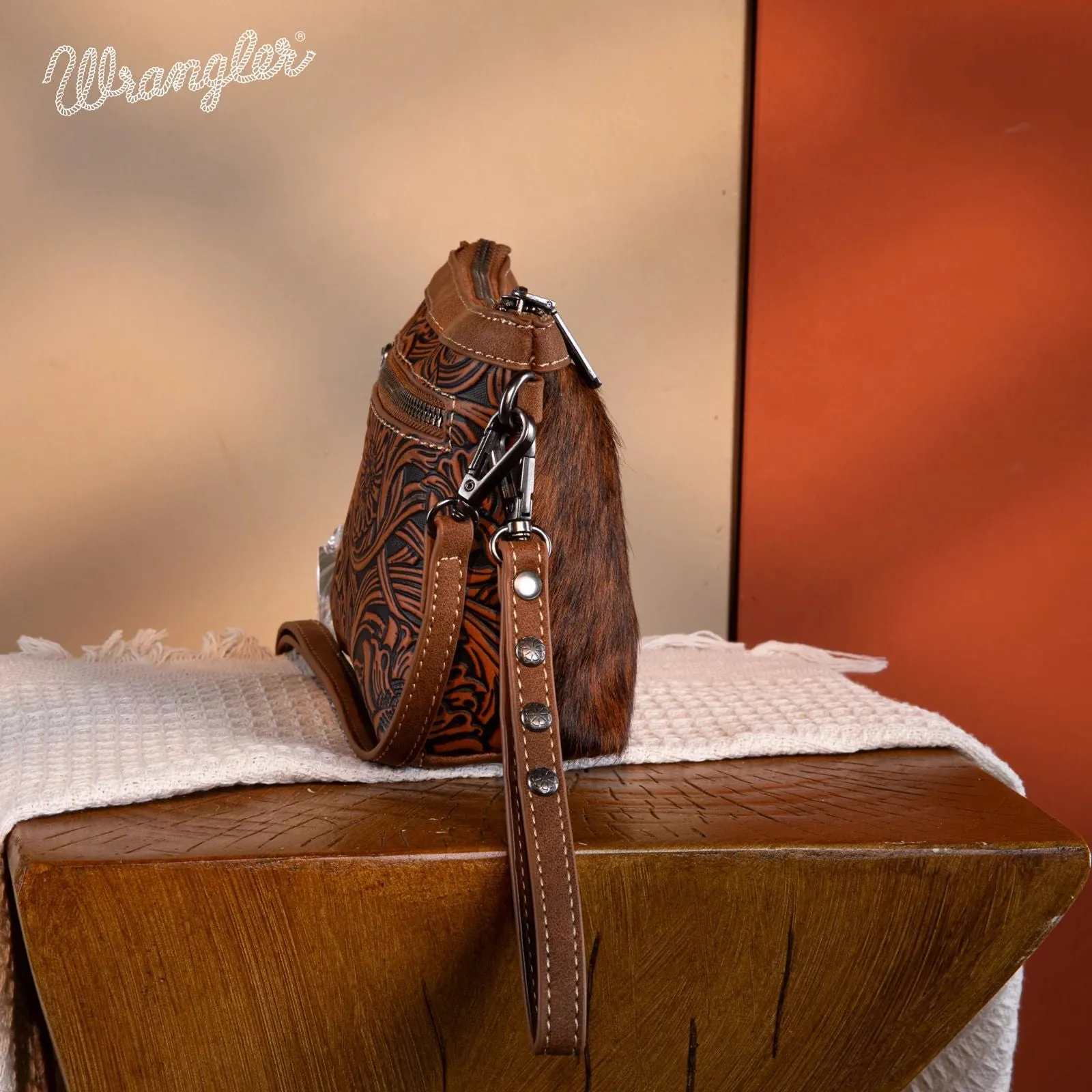 Wrangler Genuine Floral Tooled Hair-On Cowhide Crossbody