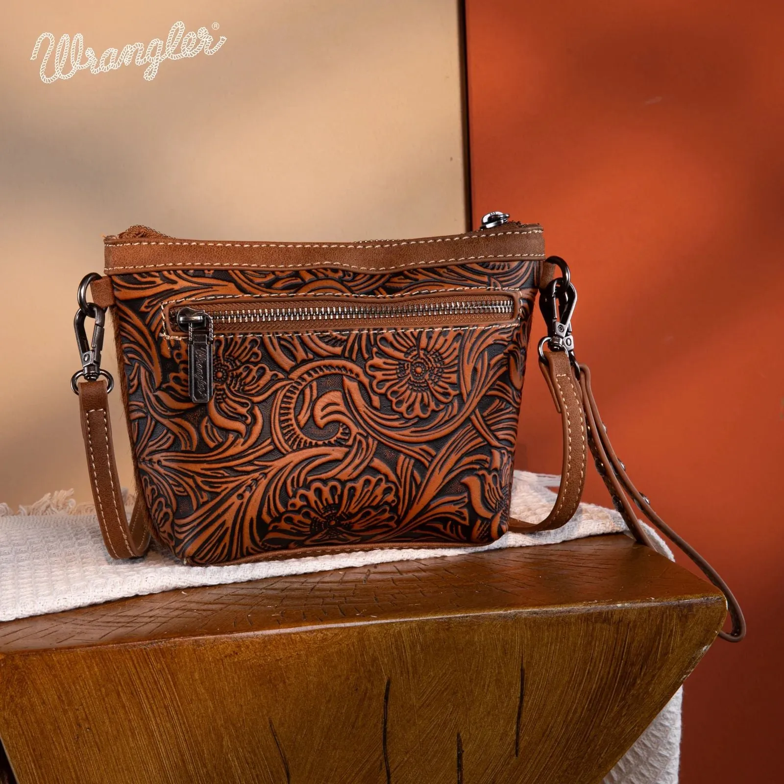 Wrangler Genuine Floral Tooled Hair-On Cowhide Crossbody