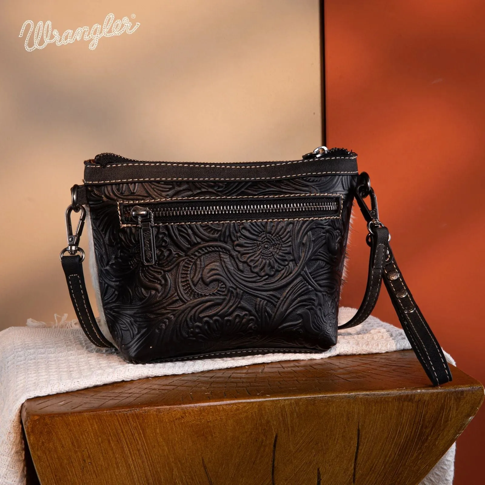 Wrangler Genuine Floral Tooled Hair-On Cowhide Crossbody