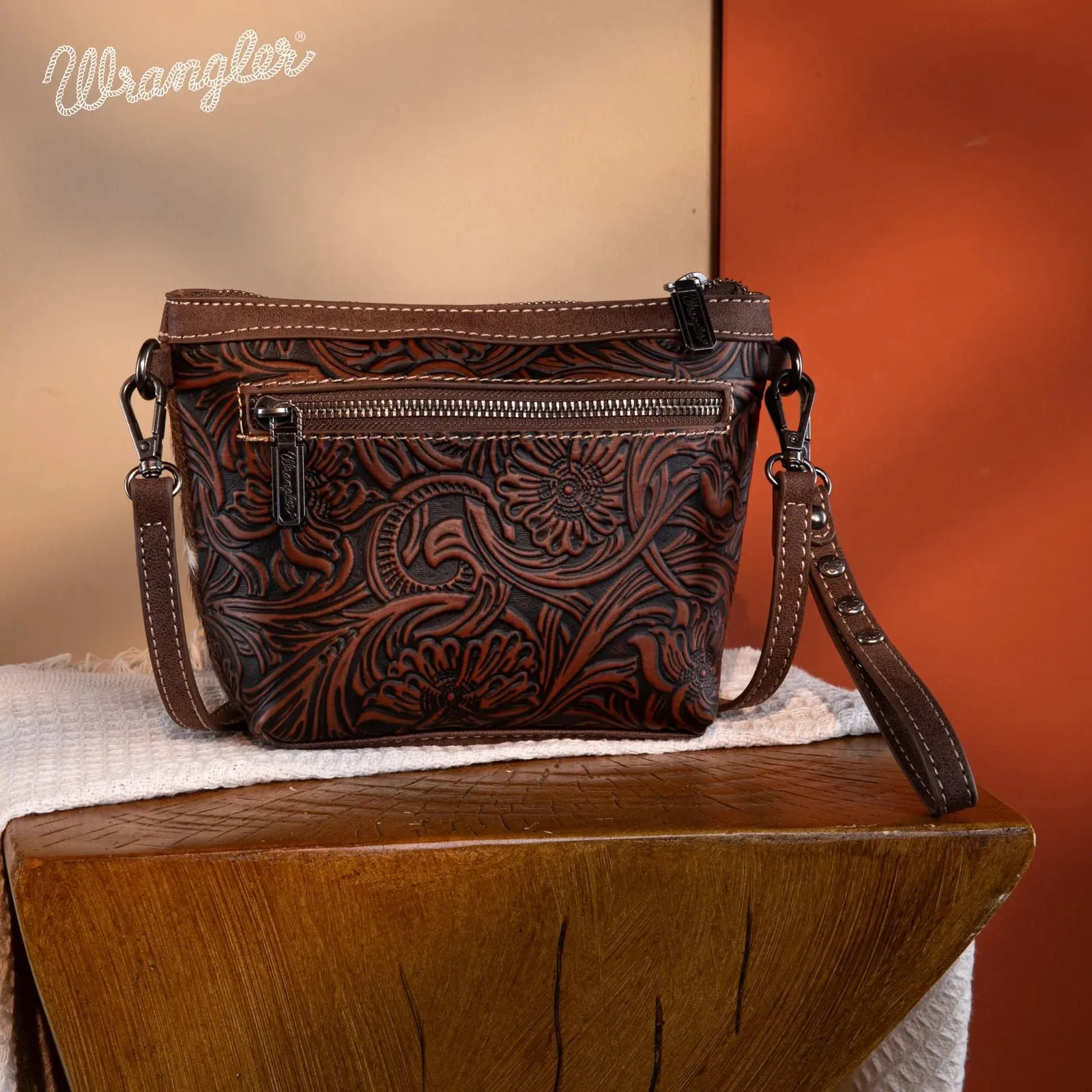 Wrangler Genuine Floral Tooled Hair-On Cowhide Crossbody